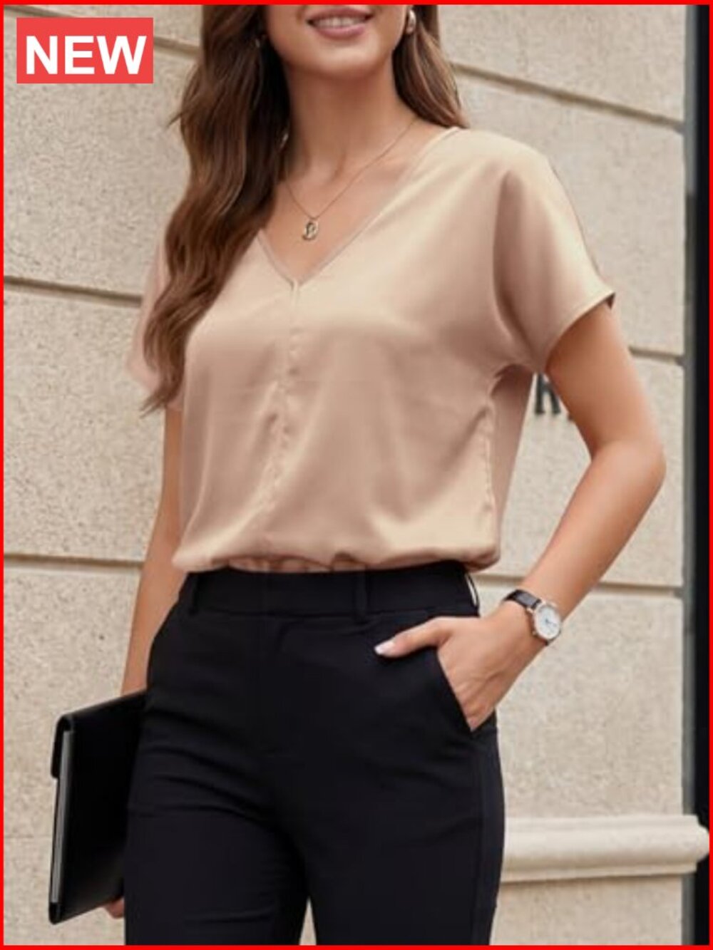 Satin Silk Blouse Cap Short Sleeve V Neck Dressy Casual Work Top - Picture 5 of 6